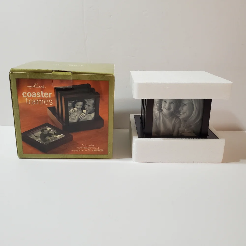Vintage Hallmark Coaster Frames with Display Stand 2003 Wood Glass